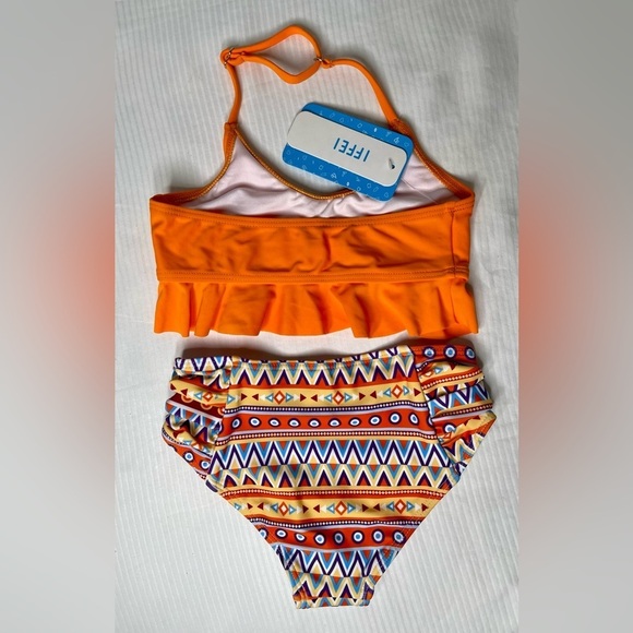 ๐NWT Girls 2 Piece Orange Multi Colored Aztec Ruffle Bikini sz 3/4 - Picture 2 of 10
